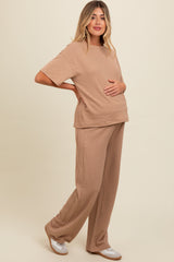 Taupe Textured Knit Oversized Tee And Pants Maternity Set