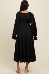 Black Satin V-Neck Tiered Maxi Dress