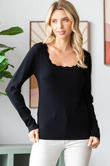 Black Scallop Hem Square Neck Sweater