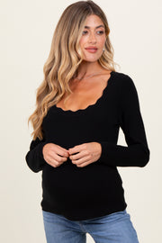 Black Scallop Hem Square Neck Maternity Sweater