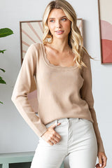 Beige Scallop Hem Square Neck Maternity Sweater