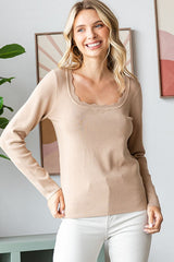 Beige Scallop Hem Square Neck Sweater