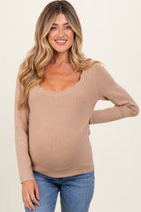 Beige Scallop Hem Square Neck Maternity Sweater