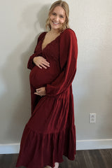 Burgundy Contrast Lace Bodice Tiered Maternity Midi Dress