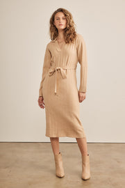 Beige Ribbed Sweater Collared Midi Dress