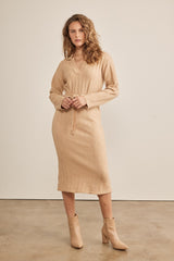 Beige Ribbed Sweater Collared Midi Dress