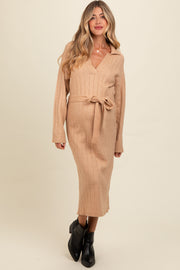 Beige Ribbed Sweater Collared Maternity Midi Dress