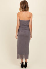 Grey Dot Print Strapless Ruched Maxi Dress