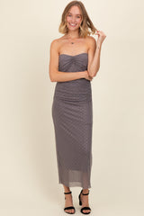 Grey Dot Print Strapless Ruched Maxi Dress