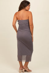 Grey Dot Print Strapless Ruched Maternity Maxi Dress