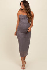 Grey Dot Print Strapless Ruched Maternity Maxi Dress