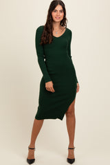 Forest Green Ribbed Knit Side Slit Maternity Midi Dress