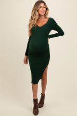 Forest Green Ribbed Knit Side Slit Maternity Midi Dress