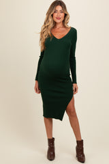 Forest Green Ribbed Knit Side Slit Maternity Midi Dress