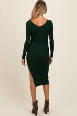 Forest Green Ribbed Knit Side Slit Maternity Midi Dress