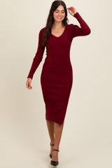 Burgundy Ribbed Knit Side Slit Midi Dress