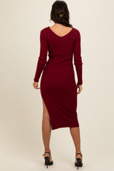 Burgundy Ribbed Knit Side Slit Midi Dress