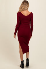 Burgundy Ribbed Knit Side Slit Maternity Midi Dress