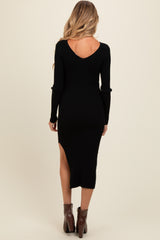 Black Ribbed Knit Side Slit Maternity Midi Dress