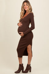 Brown Ribbed Knit Side Slit Maternity Midi Dress