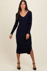 Navy Ribbed Knit Side Slit Maternity Midi Dress