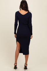 Navy Ribbed Knit Side Slit Midi Dress