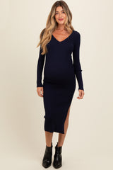 Navy Ribbed Knit Side Slit Maternity Midi Dress