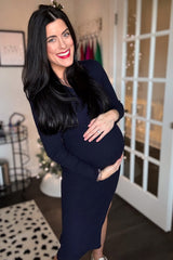 Navy Ribbed Knit Side Slit Maternity Midi Dress