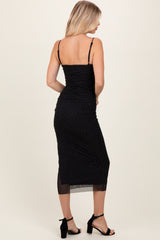 Black Dot Print Fitted Ruched Maxi Dress