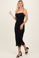 Black Dot Print Fitted Ruched Maxi Dress