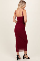 Burgundy Rhinestone Fitted Ruched Maxi Dress