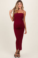 Burgundy Rhinestone Fitted Ruched Maternity Maxi Dress