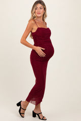 Burgundy Rhinestone Fitted Ruched Maternity Maxi Dress