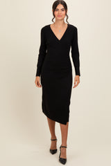 Black Knit Crossover Ruched Maternity Midi Dress