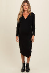 Black Knit Crossover Ruched Maternity Midi Dress