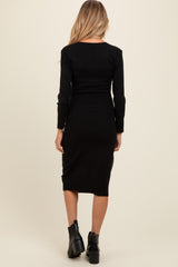 Black Knit Crossover Ruched Maternity Midi Dress