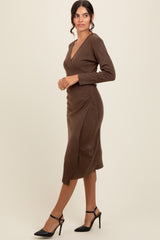 Brown Knit Crossover Ruched Midi Dress