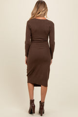 Brown Knit Crossover Ruched Maternity Midi Dress