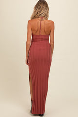 Rust Ribbed Knit Halter Neck Maternity Maxi Dress