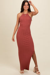 Rust Ribbed Knit Halter Neck Maxi Dress