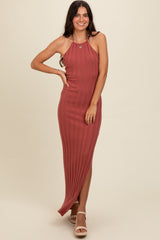 Rust Ribbed Knit Halter Neck Maxi Dress