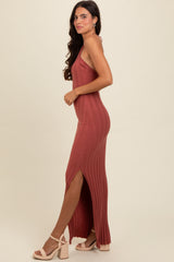 Rust Ribbed Knit Halter Neck Maxi Dress