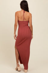 Rust Ribbed Knit Halter Neck Maxi Dress