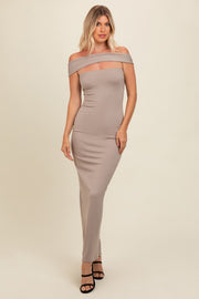 Beige Strapless Low Back Maxi Dress