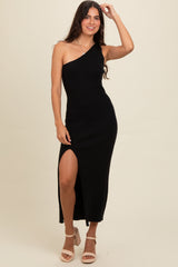 Black Knit One Shoulder Side Slit Maternity Maxi Dress