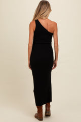 Black Knit One Shoulder Side Slit Maternity Maxi Dress