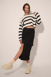 Cream Black Stripe Round Neck Expose Seam Sweater