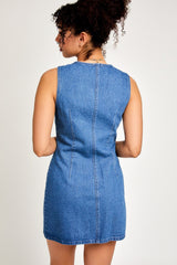 Denim Round Neck Sleeveless Button Front Denim Dress