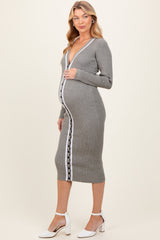 Charcoal Knit Contrast Stripe Button Down Maternity Dress