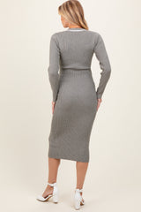 Charcoal Knit Contrast Stripe Button Down Maternity Dress